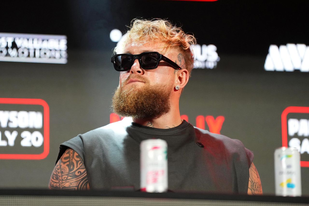 Jake Paul speaks onstage during the Jake Paul vs. Mike Tyson Boxing match Arlington press conference at Texas Live! on May 16 in Arlington, Texas. 