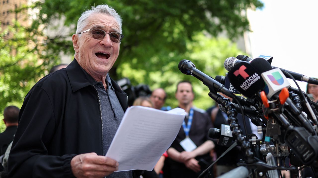 Robert De Niro speaks in support of President Joe Biden outside of Manhattan Criminal Court as former President and Republican presidential candidate Donald Trump attends his criminal trial for allegedly covering up hush money payments in New York City, on May 28.