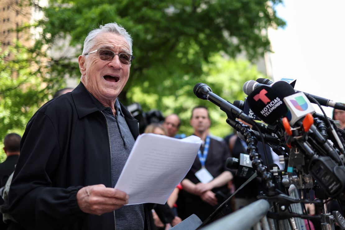 Robert De Niro speaks in support of President Joe Biden outside of Manhattan Criminal Court as former President and Republican presidential candidate Donald Trump attends his criminal trial for allegedly covering up hush money payments in New York City, on May 28.
