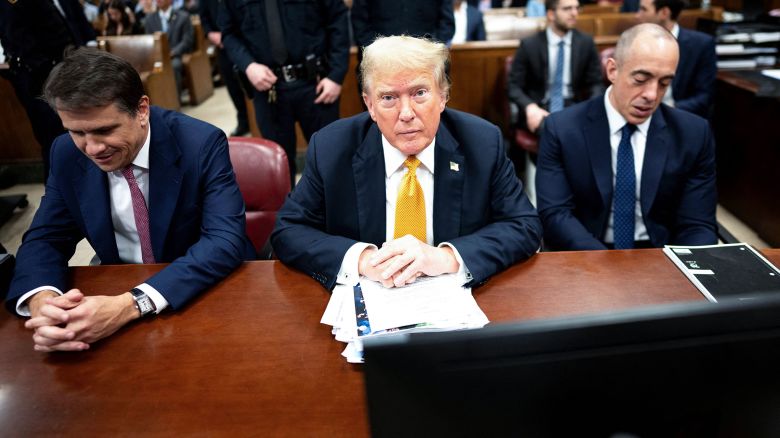 Former President and Republican presidential candidate Donald Trump awaits the start of proceedings in his criminal trial at Manhattan Criminal Court in New York City on May 29.