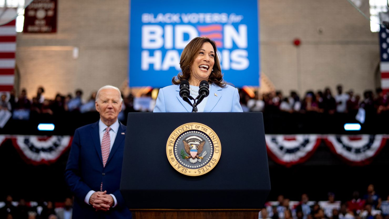 Vice President Kamala Harris introduces President Joe Biden at Girard College on May 29, 2024, in Philadelphia.