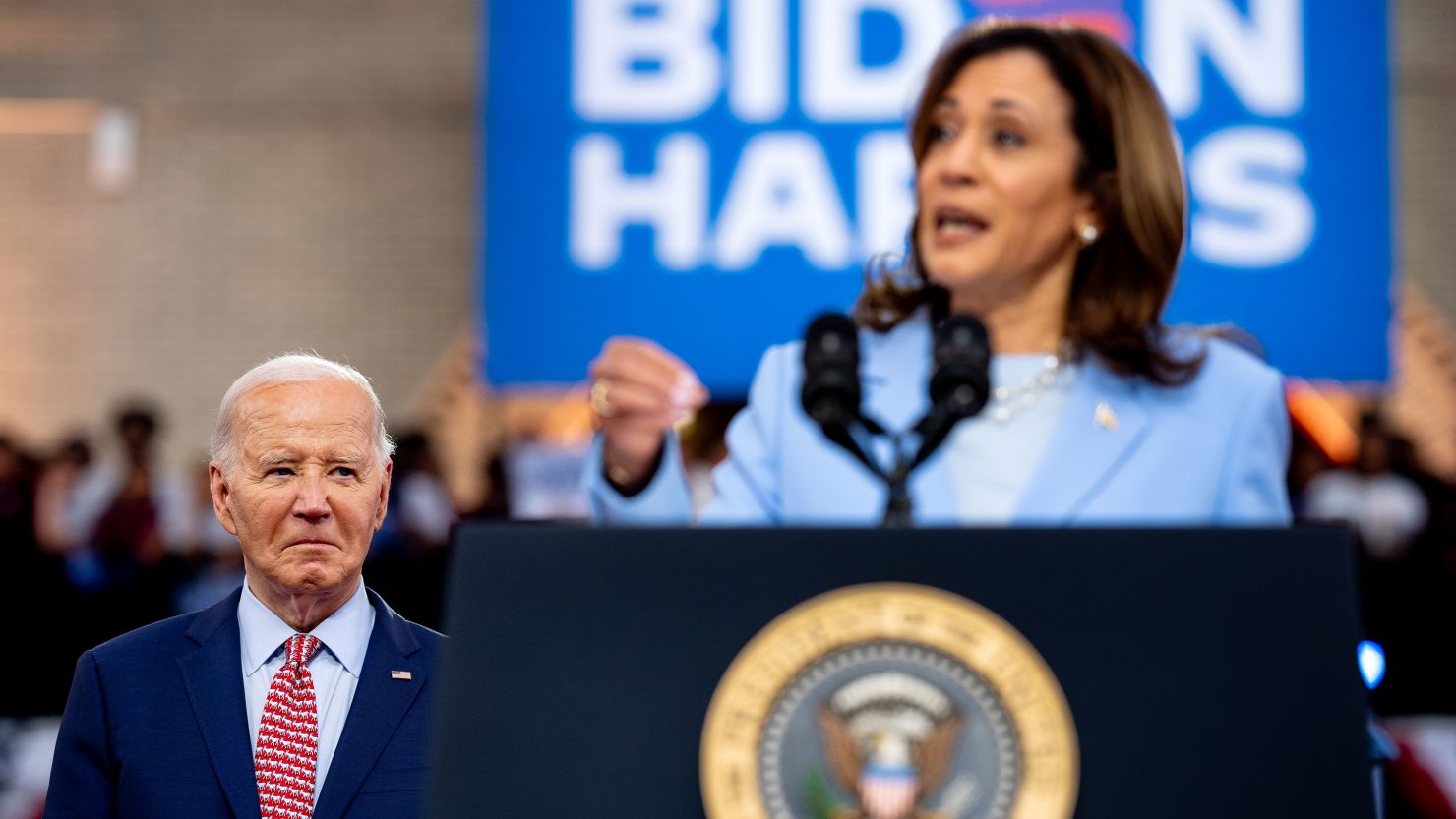 Vice President Kamala Harris introduces President Joe Biden during a campaign rally at Girard College on May 29, 2024, in Philadelphia.