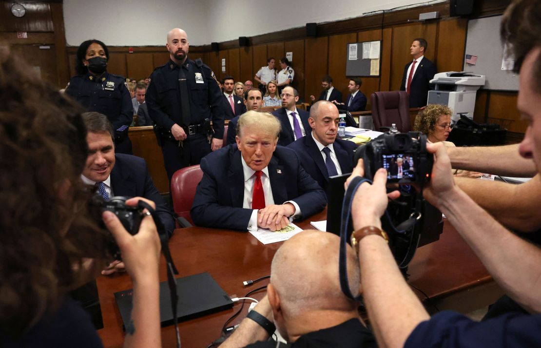 Former President Donald Trump appears in court on May 28 in New York City alongside his attorneys Todd Blanche, Emil Bove and Susan Necheles as part of his hush money trial in Manhattan Criminal Court. 