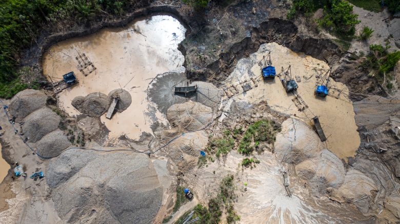Aerial picture of dredges at an illegal gold mining area in the Madre de Dios department, in Peru's southeastern Amazon region, on May 31, 2024.