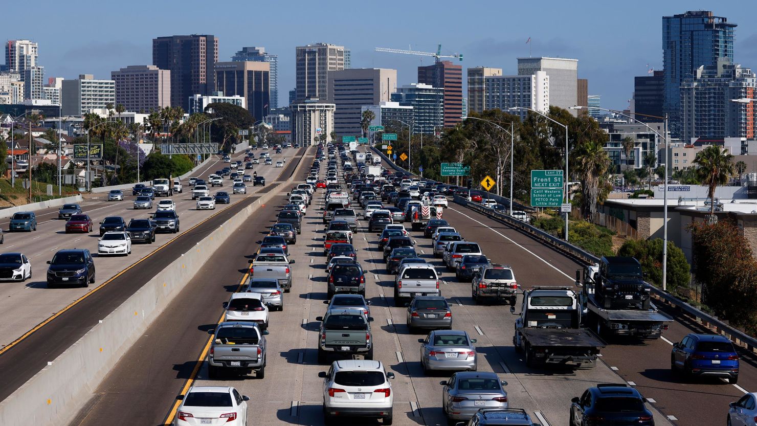 Drivers sit in traffic on southbound Interstate 5 during the afternoon commute heading into downtown San Diego on May 29, in San Diego, California. 