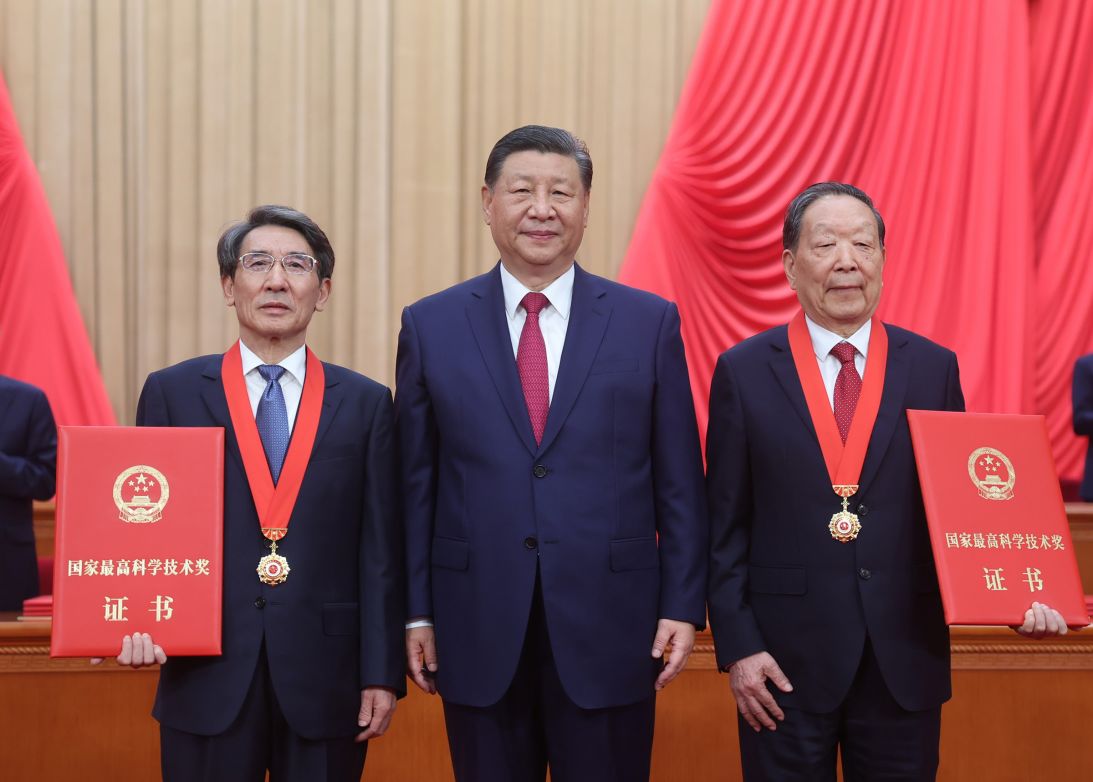 Chinese leader Xi Jinping, center, presents medals and certificates for China's annual top science and technology award in Beijing last June.