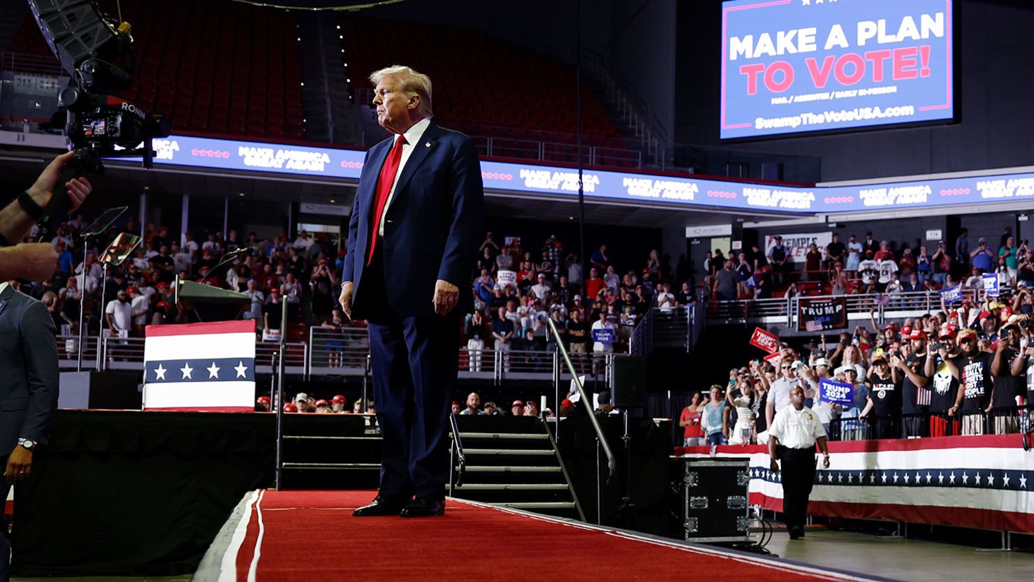 Former President Donald Trump walks offstage after speaking at a campaign rally at the Liacouras Center on June 22 in Philadelphia.