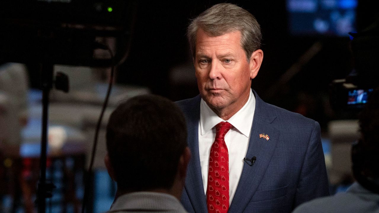 Georgia Gov. Brian Kemp speaks to the media on the floor of the McCamish Pavilion at the Georgia Institute of Technology campus ahead of the first presidential debate in Atlanta on June 27. 