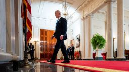 President Joe Biden departs after speaking to the media following the Supreme Court's ruling on charges against former President Donald Trump that he sought to subvert the 2020 election, at the White House on July 1, 2024 in Washington, DC.