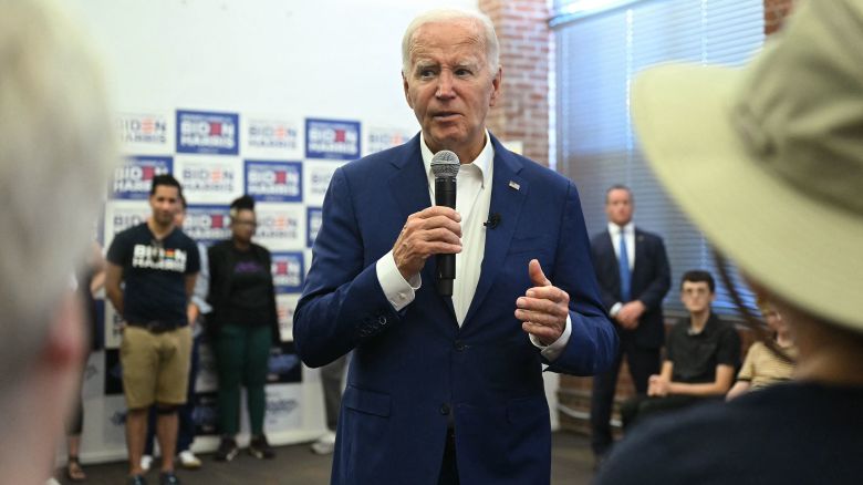 President Joe Biden speaks to supporters and volunteers during a visit to the Roxborough Democratic Coordinated Campaign Office in Philadelphia on July 7.