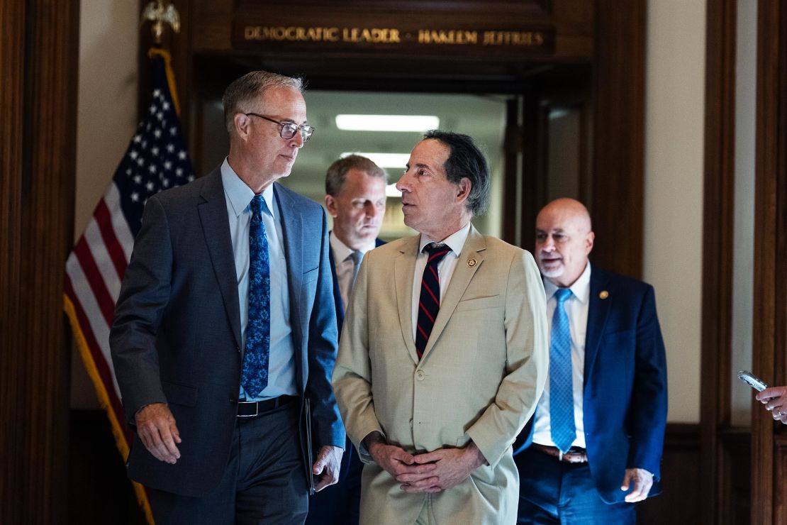 From left, Reps. Jared Huffman and Jamie Raskin leave the office of House Minority Leader Hakeem Jeffries in the US Capitol on Thursday, July 11.