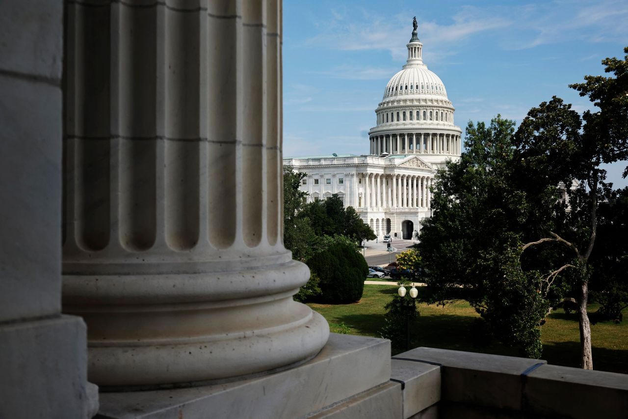 The US Capitol building is seen from the Cannon House Office Building in July in Washington, DC. On December 2, 2024, US Capitol Police arrested a Democratic staffer at the Cannon House Office Building after he entered with four ammunition magazines and 11 rounds of ammunition, according to a statement provided to CNN.