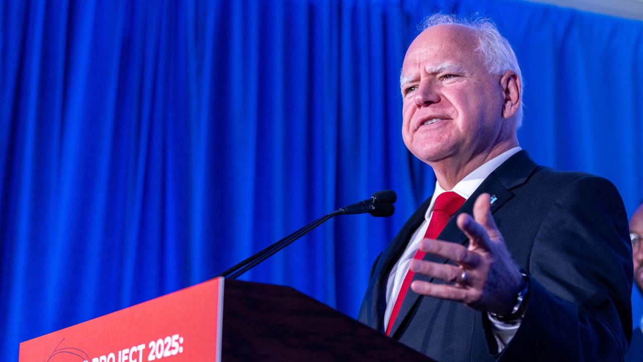 Minnesota Gov. Tim Walz speaks at a Biden-Harris campaign and DNC press conference on July 17 in Milwaukee, Wisconsin.