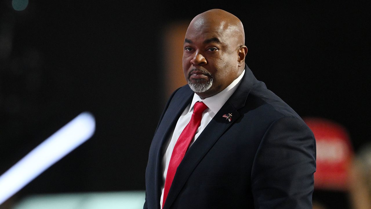 North Carolina Lt. Gov. Mark Robinson speaks on stage on the first day of the Republican National Convention at the Fiserv Forum on July 15, 2024 in Milwaukee, Wisconsin.