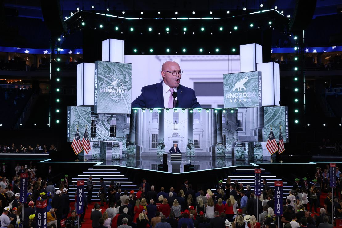 President of the International Brotherhood of Teamsters Sean O’Brien speaks on stage at the Republican National Convention at the Fiserv Forum on July 15, 2024 in Milwaukee, Wisconsin. 