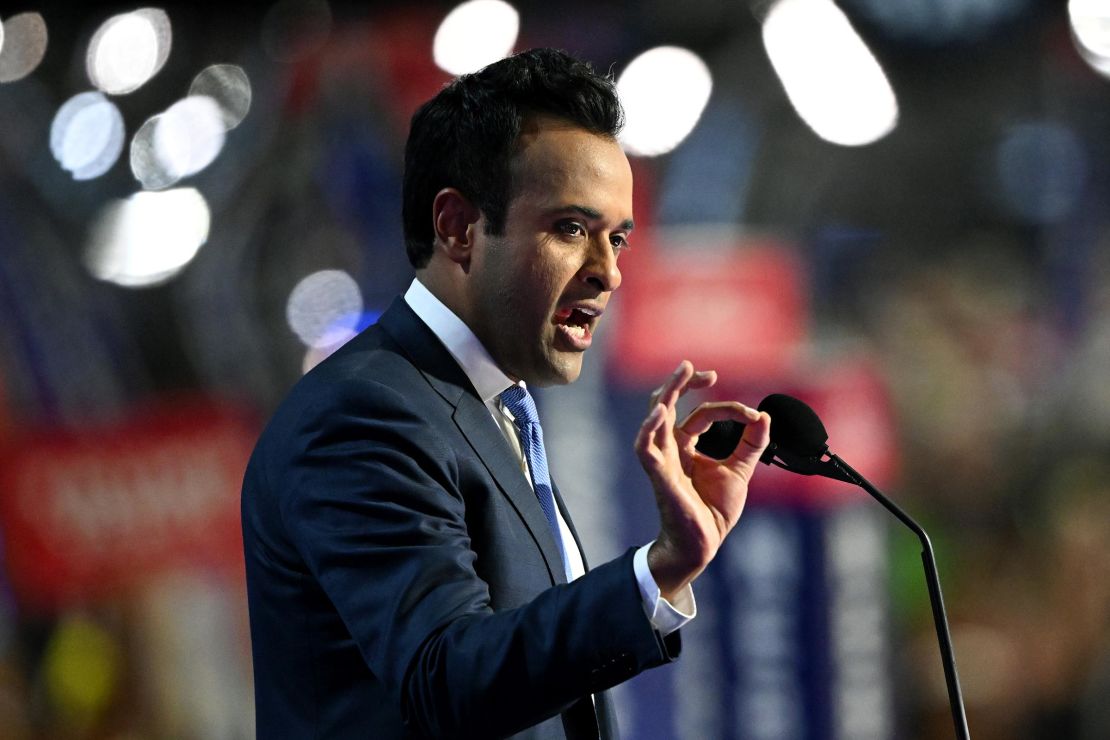 Vivek Ramaswamy speaks on stage on the second day of the Republican National Convention at the Fiserv Forum on July 16 in Milwaukee, Wisconsin. 