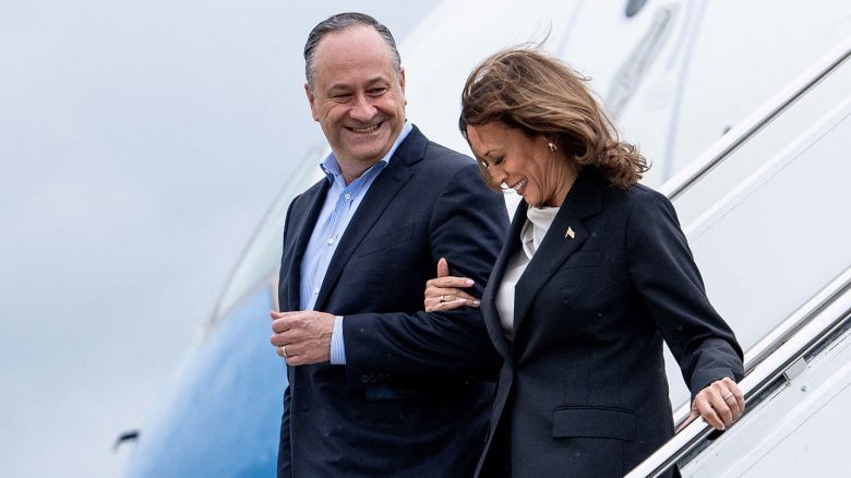 Vice President Kamala Harris and second gentleman Doug Emhoff descend from Air Force Two at Delaware National Air Guard base in New Castle, Delaware, on July 22.