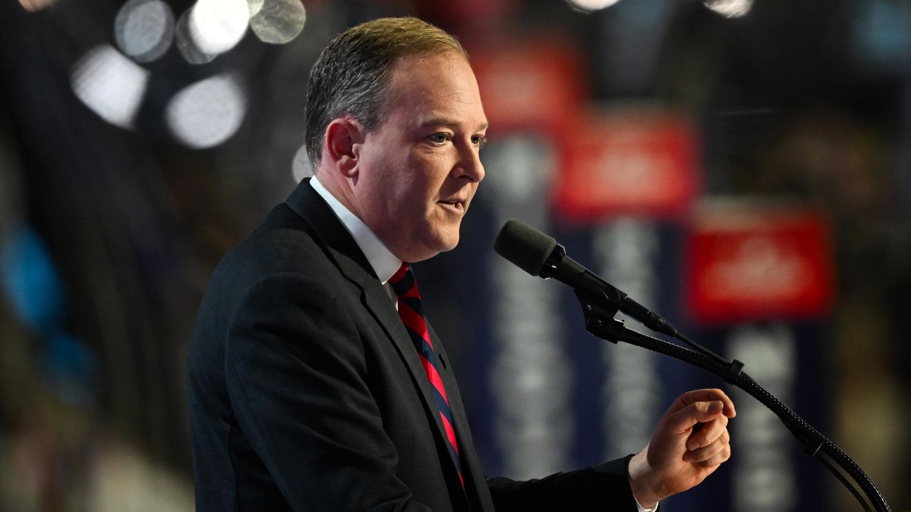 Former Rep. Lee Zeldin speaks on stage on the third day of the Republican National Convention at the Fiserv Forum on July 17 in Milwaukee, Wisconsin. 