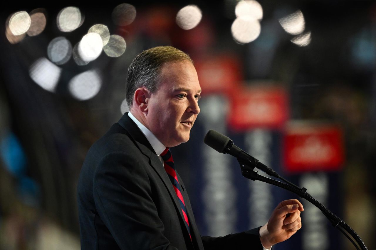 Former Rep. Lee Zeldin speaks on stage on the third day of the Republican National Convention at the Fiserv Forum on July 17 in Milwaukee, Wisconsin. 