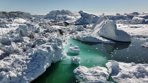 In this aerial view melting icebergs crowd the Ilulissat Icefjord on July 16, 2024 near Ilulissat, Greenland. 