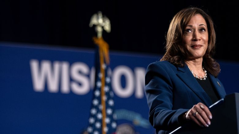 Vice President Kamala Harris speaks to supporters during a campaign rally at West Allis Central High School on July 23, 2024 in West Allis, Wisconsin.