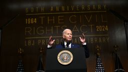 President Joe Biden speaks during a commemoration of the 60th anniversary of the Civil Rights Acts at the Lyndon B. Johnson presidential library in Austin, Texas, on July 29.