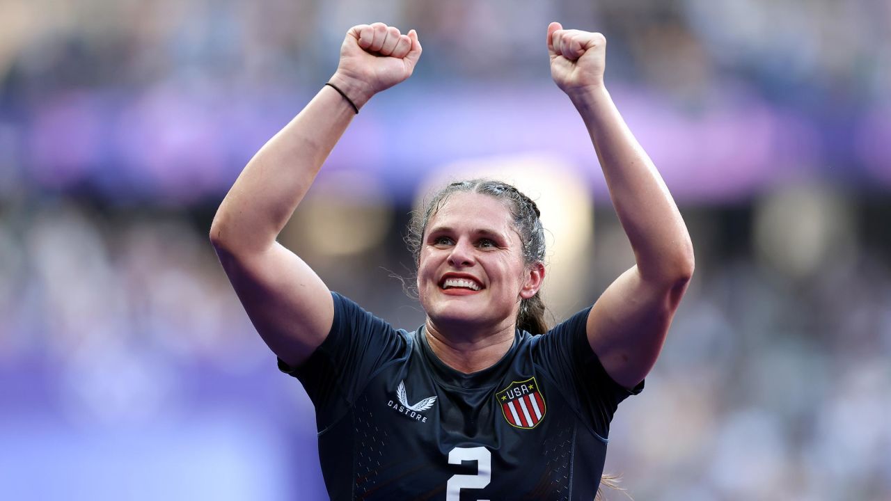 Ilona Maher of Team United States celebrates following victory during the Women's Rugby Sevens Bronze medal match between Team United States and Team Australia on day four of the Olympic Games Paris 2024 on July 30, 2024 in Paris.