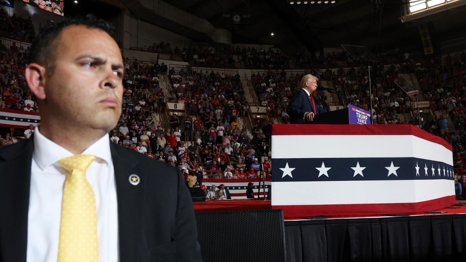 A Secret Service agent watches as Donald Trump speaks at a campaign appearance on July 31 in Harrisburg, Pennsylvania. 