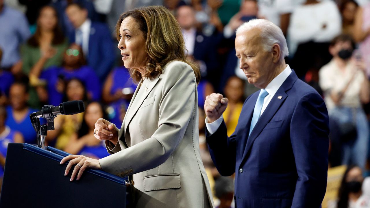 Vice President Kamala Harris gives remarks alongside President Joe Biden at Prince George’s Community College on August 15, 2024 in Largo, Maryland.