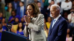 Vice President Kamala Harris gives remarks alongside President Joe Biden at Prince George’s Community College on August 15, 2024 in Largo, Maryland.