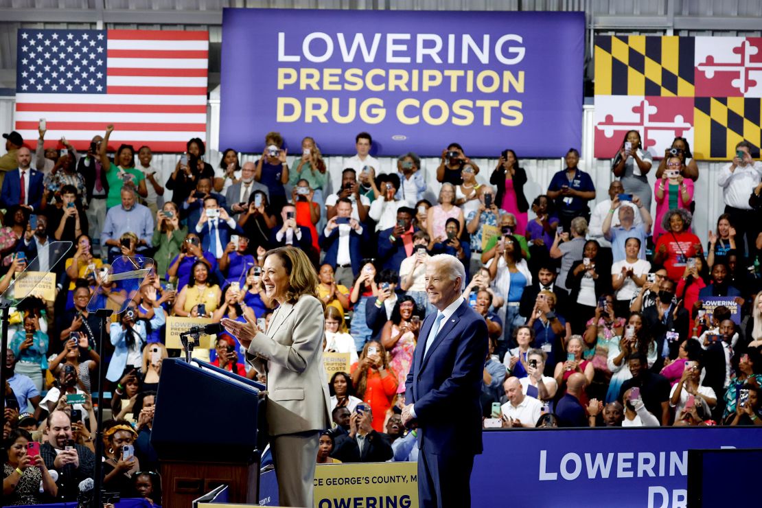 Vice President Kamala Harris gives remarks alongside President Joe Biden at Prince George’s Community College on August 15 in Largo, Maryland. 