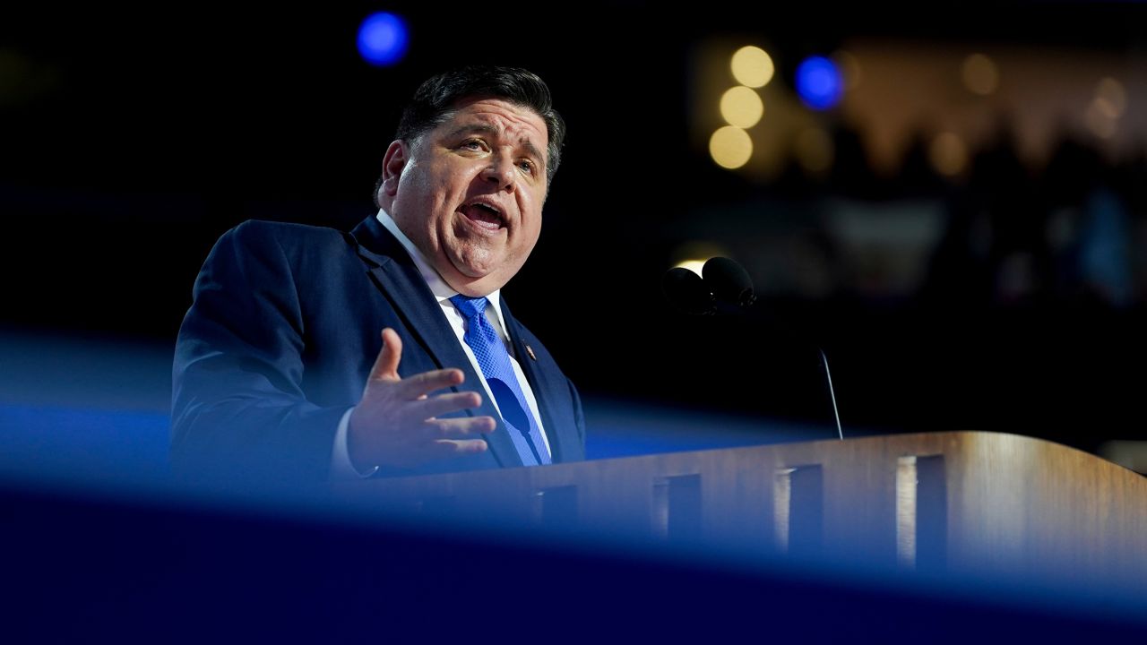 Illinois Gov. JB Pritzker speaks during the Democratic National Convention at the United Center in Chicago in August 2024. 