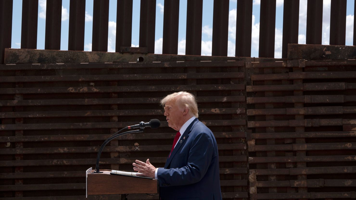 Former President Donald Trump speaks at the US-Mexico border on August 22 south of Sierra Vista, Arizona. 