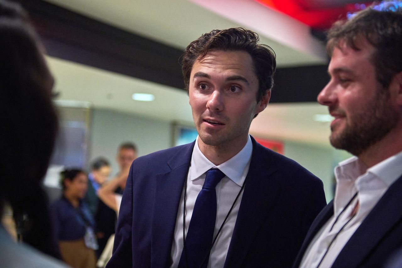 David Hogg is seen at the 2024 Democratic National Convention in Chicago on August 22, 2024.