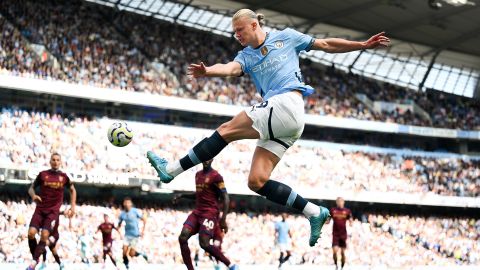 Erling Haaland of Manchester City in action during the Premier League match between Manchester City FC and Ipswich Town FC at Etihad Stadium on August 24 in Manchester, England. 