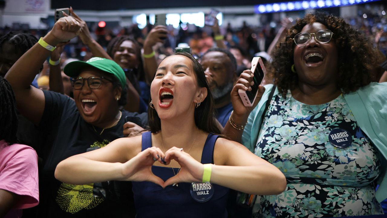 Supporters react as Vice President Kamala Harris speaks at a campaign rally at the Enmarket Arena August 29 in Savannah, Georgia.