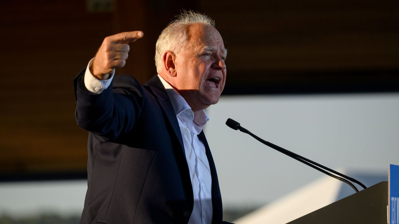 Tim Walz speaks to a gathered crowd of supporters during a campaign rally at the Highmark Amphitheater on September 5, 2024 in Erie, Pennsylvania. 