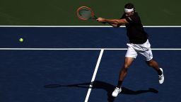 Taylor Fritz of the United States returns a shot against Alexander Zverev of Germany during their Men's Singles Quarterfinal match on Day Nine of the 2024 US Open at USTA Billie Jean King National Tennis Center on September 03, 2024 in the Flushing neighborhood of the Queens borough of New York City.