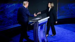 Vice President Kamala Harris, right, and former President Donald Trump shake hands during the second presidential debate at the Pennsylvania Convention Center in Philadelphia on Tuesday, September 10.