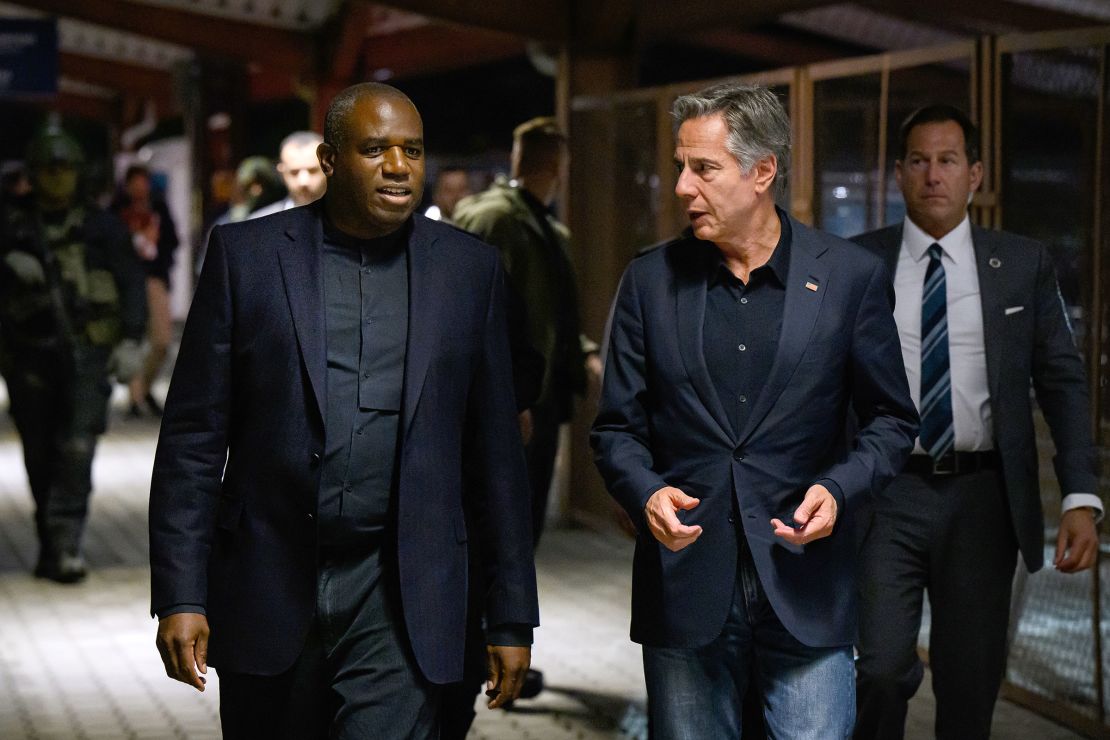 British Foreign Secretary David Lammy, left, and and US Secretary of State Antony Blinken board a train as they prepare to travel to Ukraine on September 11 in Eastern Poland.