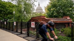 The Dome of the US Capitol Building is visible as protective fencing is erected on the West Front on Capitol Hill on September 17, 2024 in Washington, DC. 