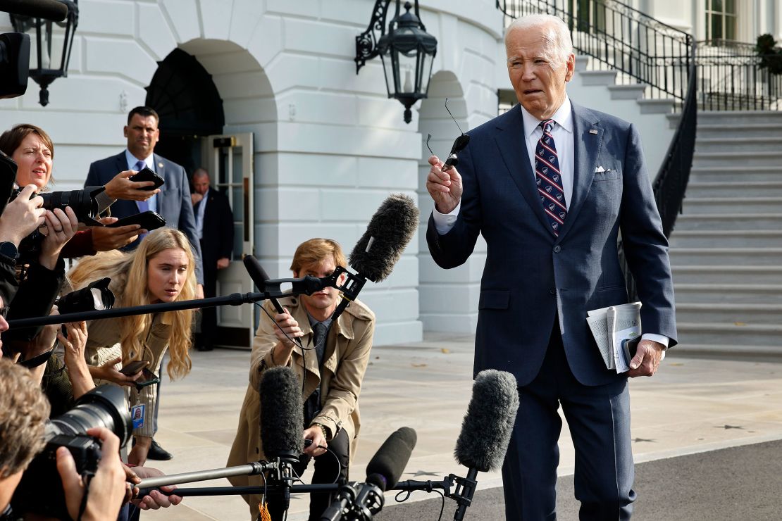 President Joe Biden talks to reporters as he departs the White House on September 16, 2024 in Washington, DC. 