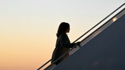 Vice President Kamala Harris makes her way to board Air Force Two before departing Dane County Regional Airport in Madison, Wisconsin on September 20.