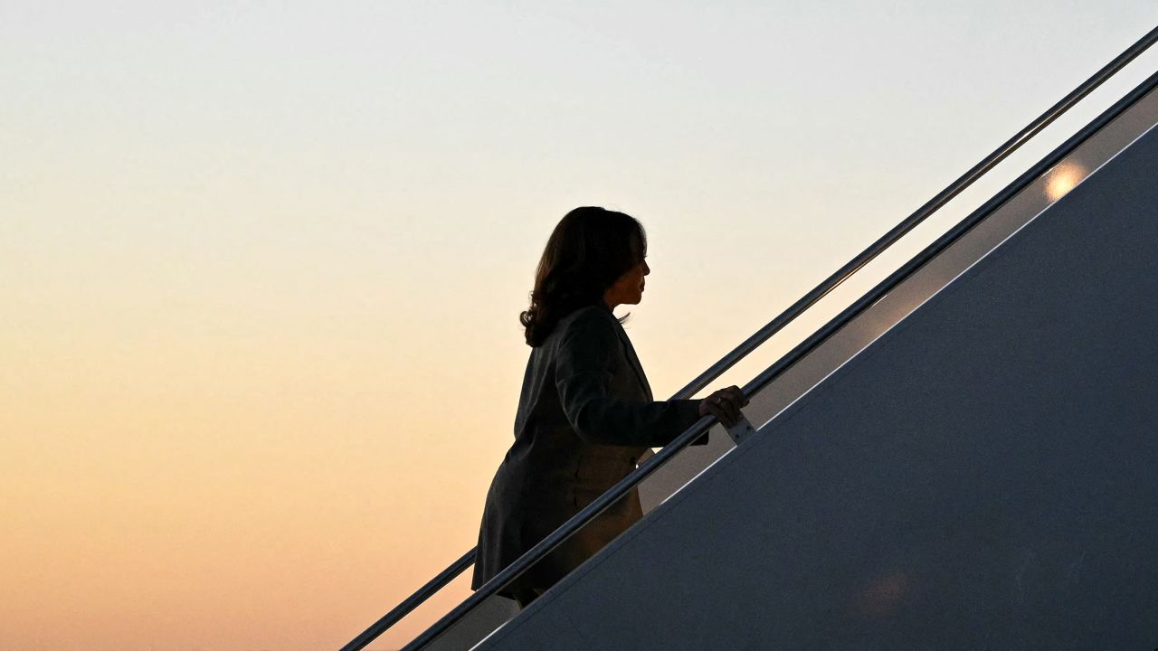 Vice President Kamala Harris makes her way to board Air Force Two before departing Dane County Regional Airport in Madison, Wisconsin on September 20.