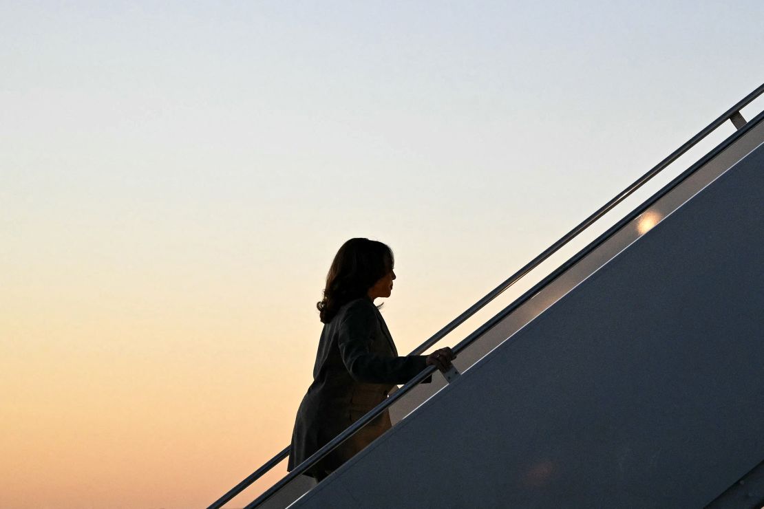 Vice President Kamala Harris makes her way to board Air Force Two before departing Dane County Regional Airport in Madison, Wisconsin on September 20.