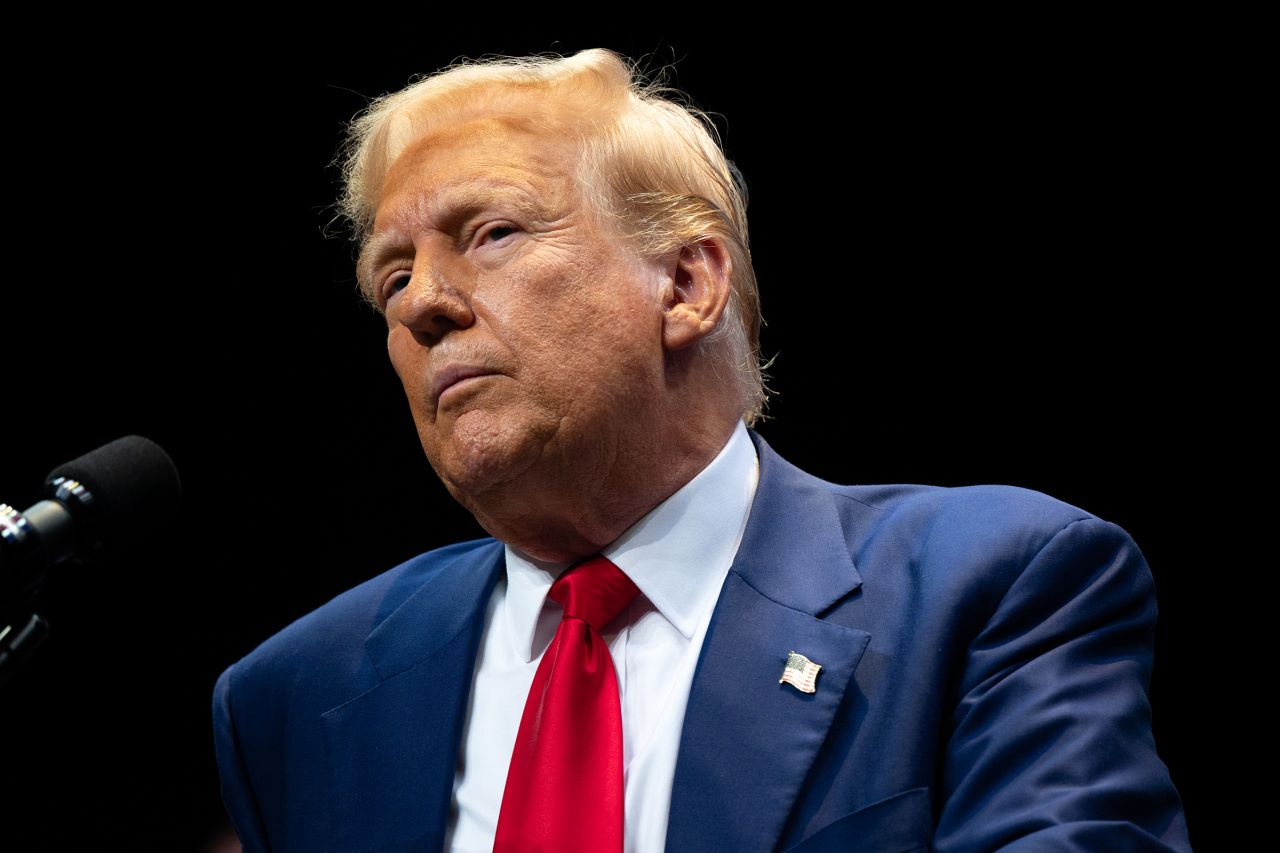 Former President Donald Trump speaks to attendees during a campaign rally at the Johnny Mercer Theatre on September 24, 2024 in Savannah, Georgia.