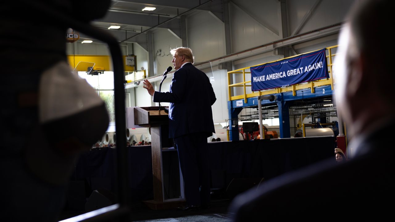 Former President Donald Trump speaks to guests during a campaign event at the Falk Productions manufacturing facility on September 27, 2024 in Walker, Michigan. 