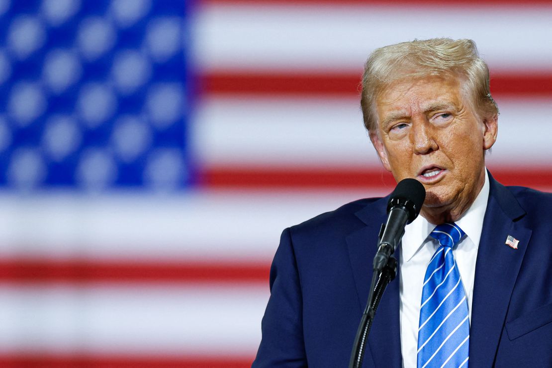 Former President Donald Trump speaks during a campaign event at Dane Manufacturing in Waunakee, Wisconsin, October 1, 2024.