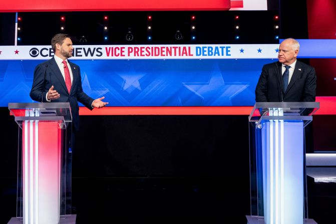 Republican JD Vance, left, and Democrat Tim Walz take part in a?<a >vice presidential debate</a>?at the CBS Broadcast Center in New York on October 1. The matchup between Vance, the 40-year-old Ohio senator, and Walz, the 60-year-old Minnesota governor, took place in New York without a live audience.