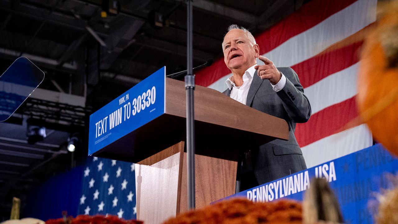 Minnesota Gov. Tim Walz speaks at a rally at York Exposition Center UPMC Arena on October 2 in York, Pennsylvania. 